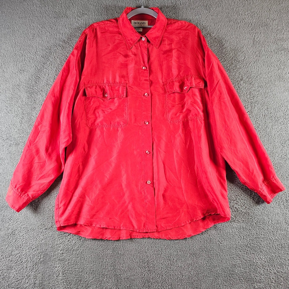 Bogari Womens Red 100% Silk Button Down Shirt Long Sleeve Utility Pocket Large